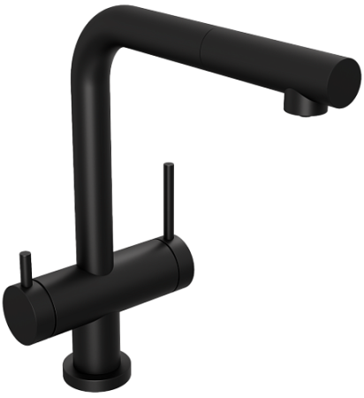 Смеситель для кухни/мойки Abelsberg Pura с каналом для фильтрованной воды, однорычажный, поворотный/вытяжной, керамический, излив 185 мм, высота излива 262 мм латунь, цвет вулканический черный