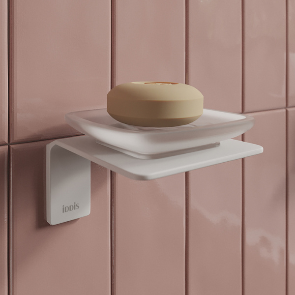 Мыльница IDDIS Slide, настенная, сплав металлов/стекло, форма прямоугольная, для душа/мыла, в ванную/туалет/душевую кабину, цвет белый