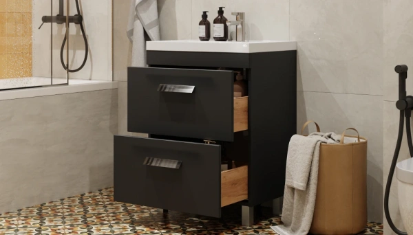 Тумба под раковину Velvex Orlando 600-0-2, 595х445х799 мм напольная, цвет графит, 2 выдвижных ящика, подходит раковина Madera Classica rkCla.60-81, универсальная, в ванную комнату