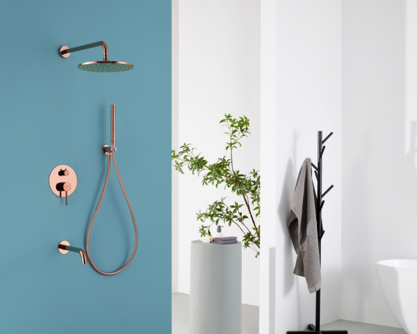 Душевая система ABBER Wasser Kreis скрытого монтажа, цвет розовое золото, комплект: однорычажный смеситель/излив/тропический душ (с верхней лейкой)/лейка/шланг