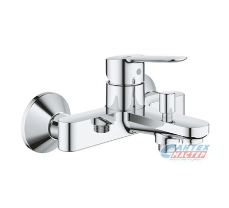 Смеситель для ванны/душа Grohe BauEdge однорычажный, керамический, настенный, излив фиксированный 166 мм, латунь, цвет хром, короткий, универсальный, горизонтальный, рычажный, кран, комплект, сантехника, размер, характеристики, высота, расстояние 