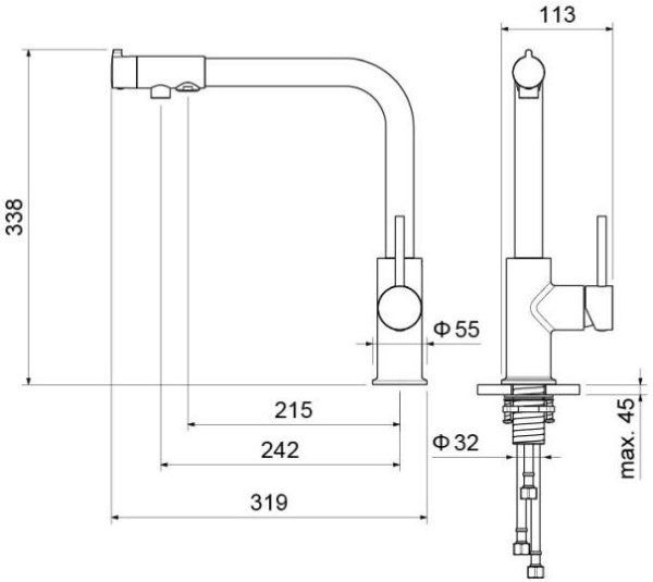 Смеситель для кухни/мойки Aquatek Европа с каналом для фильтрованной воды, однорычажный, поворотный/выдвижной, керамический, излив 242 мм, высота излива 338 мм латунь, цвет хром