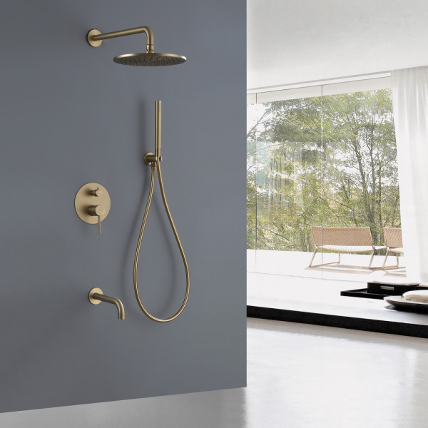 Душевая система ABBER Wasser Kreis скрытого монтажа, цвет золото матовое, комплект: однорычажный смеситель/излив/тропический душ (с верхней лейкой)/лейка/шланг