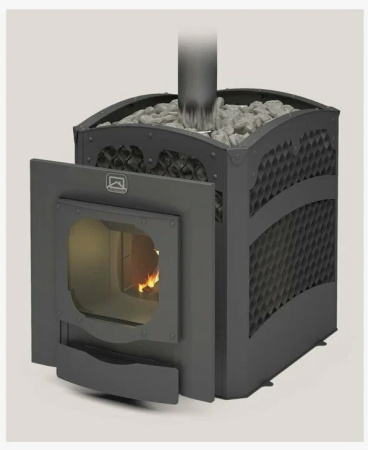 Печь Былина- Сетка 24 Ч Панорама (1.1) ТЕПЛОДАР 24м³, (двери стекло 16"с обрамлением) напольная, пристенная, с открытой каменкой, с выносной топкой из предбанника, вертикальная, финская, масса камней 101 кг, на дровах/брикетах