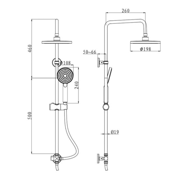 Душевой гарнитур Olives KDC04 высота 960 мм цвет хром, комплект: тропический душ (с верхней лейкой)/стойка/лейка/шланг, наружного монтажа, настенный