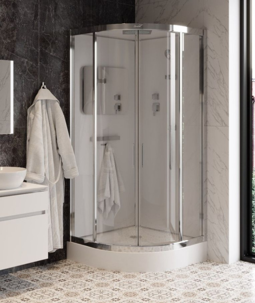 Душевая кабина Cerutti SPA Viva, 100х100 см, поддон низкий, четверть круга, угловая, стекло прозрачное, заднее белое, (без гидромассажа), с крышей, профиль хром, закрытая