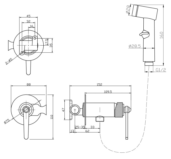 Смеситель с гигиеническим душем Esko Bangkok встраиваемый, однорычажный, керамический, без излива, с гибким шлангом/лейкой, латунь, цвет хром SMHBG