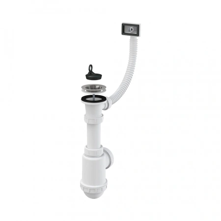 Сифон для мойки AlcaPlast A444 бутылочный 1 1/2"Х40/50 мм с нержавеющей решеткой 70 мм, c прямоугольным переливом, полипропилен, белый A444-DN50/40