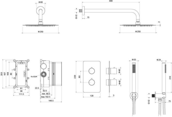 Душевая система Aquatek Европа 3 в 1 встраиваемая, цвет хром, комплект: термостатический смеситель/тропический душ (с верхней лейкой)/кронштейн/лейка/шланг, латунь, внутренний (скрытый) монтаж