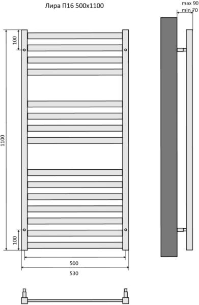 Полотенцесушитель Aquatek Лира водяной П16 500х1100 мм черный муар, нержавеющая сталь, лесенка, подключение нижнее