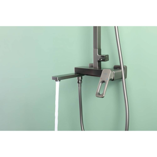 Душевая система Raglo R51.24.09 со смесителем, высота 1087-1655 мм цвет графит, комплект: однорычажный смеситель/излив/тропический душ прямоугольный (с верхней лейкой)/лейка/стойка/шланг, латунь