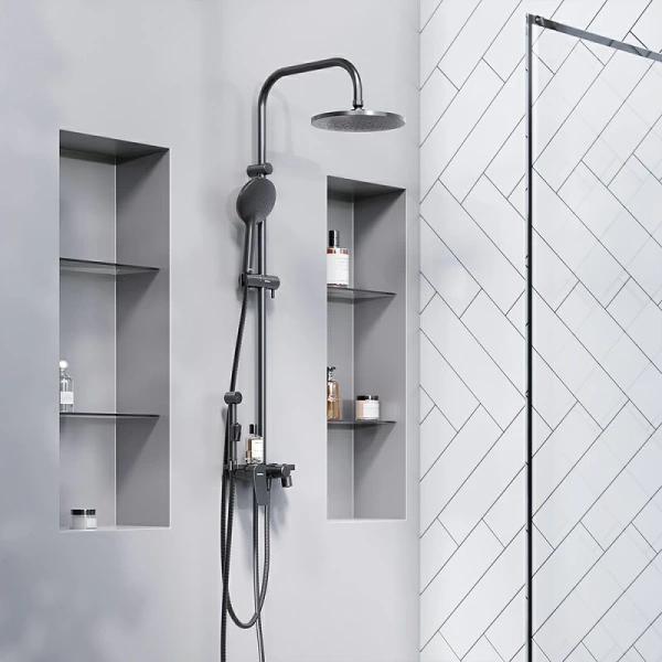 Душевая система Damixa Jupiter, высота 1050-1450 мм, цвет черный матовый, комплект: смеситель/излив/гигиенический душ/тропический душ круглый (с верхней лейкой)/стойка/лейка/шланг, сталь/пластик/латунь