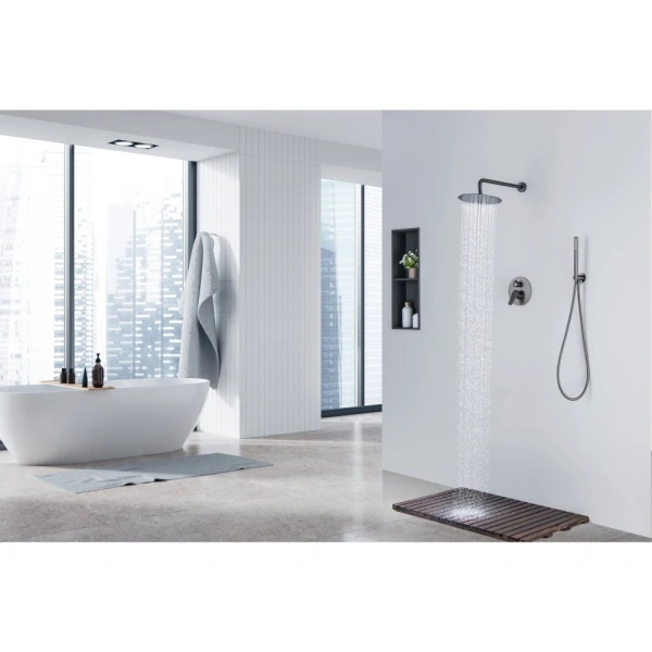 Душевая система Aquatek Бетта 3 в 1 встраиваемая, цвет оружейная сталь, комплект: смеситель/тропический душ (с верхней лейкой)/лейка/шланг, латунь, скрытого монтажа