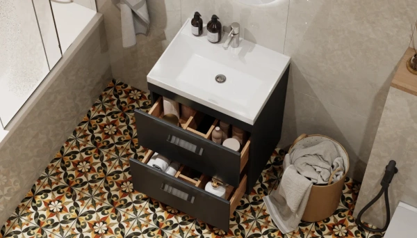 Тумба под раковину Velvex Orlando 600-0-2, 595х445х799 мм напольная, цвет графит, 2 выдвижных ящика, подходит раковина Madera Classica rkCla.60-81, универсальная, в ванную комнату