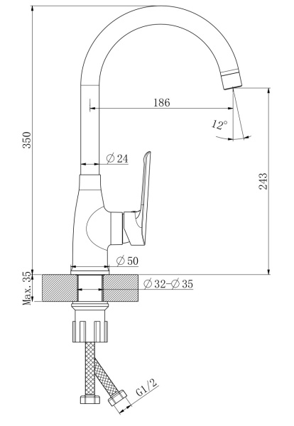 Смеситель для кухни/мойки Esko Lagos Gun Metal однорычажный, поворотный, латунный, высокий излив, длина излива 186 мм, латунь, цвет графит