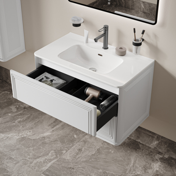 Тумба c раковиной IDDIS Oxford Neo, 808х469х500 мм, подвесная, 2 выдвижных ящика, МДФ/санфарфор, раковина накладная, прямоугольная, цвет белый, отверстие под смеситель OXN80W0i95K