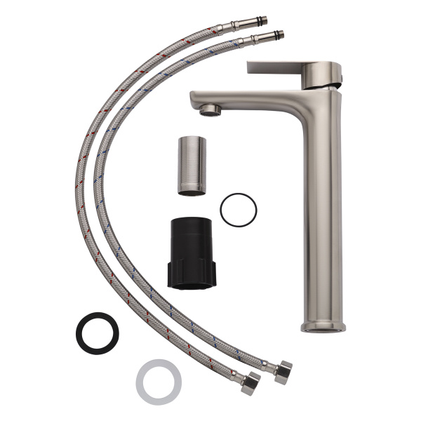 Смеситель для раковины/умывальника AQUEDUC однорычажный, высокий, неповоротный, керамический, длина излива 140 мм нержавеющая сталь, цвет сталь 345720