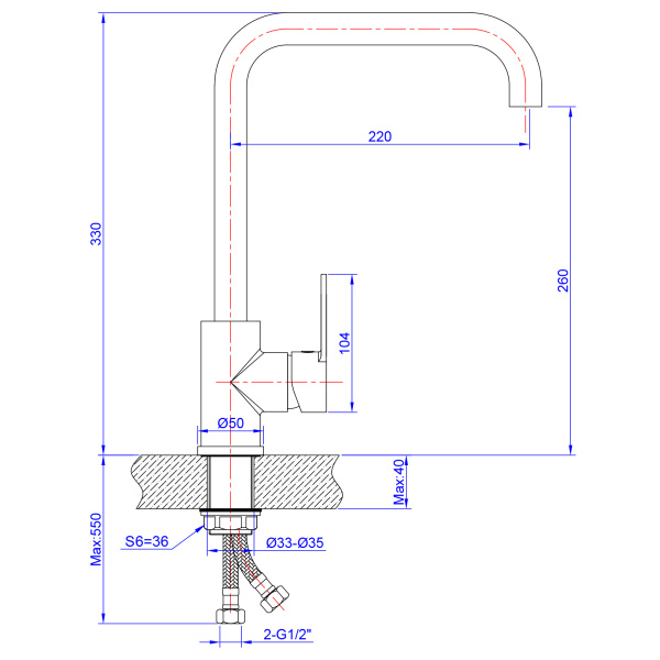 Смеситель для кухни/мойки AQUEDUC однорычажный, поворотный/высокий излив, длина излива 220 мм, высота 260 мм латунь, цвет хром 345394