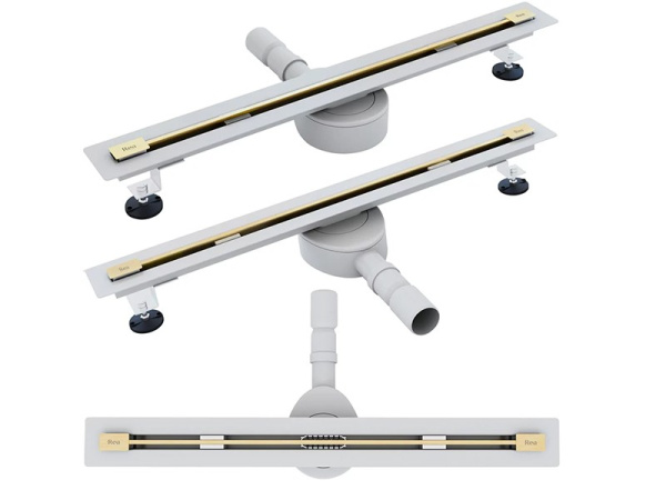 Трап щелевой REA NEO ULTRA SLIM PRO 800, D50, цвет золото, для душа в полу, сухой/мокрый затвор, горизонтальный выпуск, нержавеющая сталь, прямоугольный