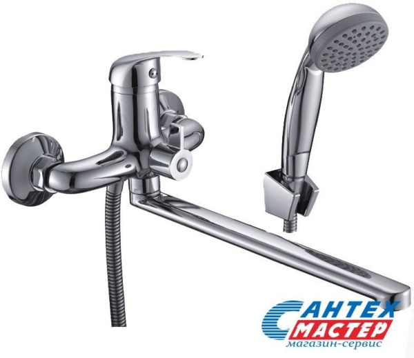 Смеситель для ванны/душа Славен однорычажный, керамический, настенный, излив поворотный 350 мм, с гибким шлангом, душем/лейкой, латунь, цвет хром, длинный, универсальный, горизонтальный, рычажный, кран, комплект, сантехника, размер, характеристики