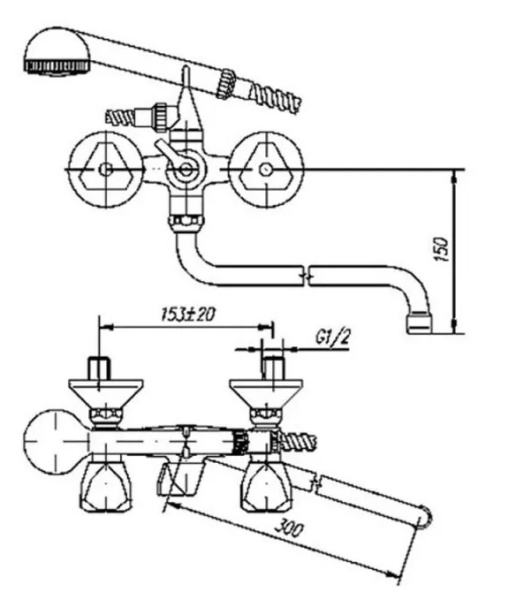 Смеситель для ванны/душа Mofem Primula 604 PRIM двухвентильный, резиновый, настенный, излив поворотный 300 мм, с гибким шлангом, душем/лейкой, латунь хром 145-0056-20