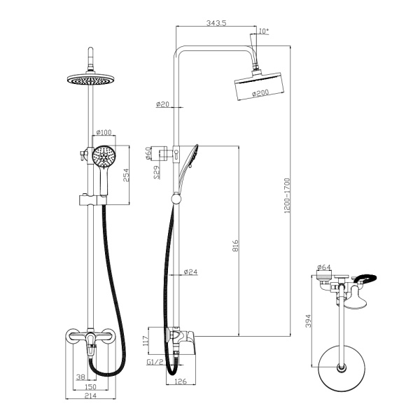 Душевая система Olives Evora, высота 1200-1700 мм, цвет хром, комплект: однорычажный смеситель/тропический душ (с верхней лейкой)/стойка/лейка/шланг, наружного монтажа