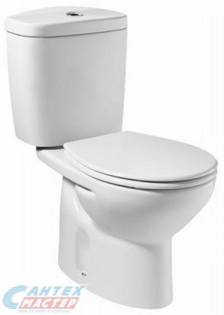 Унитаз компакт Roca Victoria, БЕЛЫЙ, горизонтальный (прямой) выпуск, напольный, без сиденья, нижняя подводка воды, арматура ДВОЙНОЙ слив, чаша с бачком, АНТИВСПЛЕСК