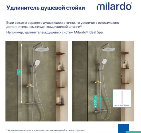 Душевая система настенная Milardo Ideal Spa 820 до 1140 мм цвет глянцевый хром, термостатический смеситель, без излива, тропический душ/лейка/стойка/шланг/держатель мыла  ILSSBTHM89