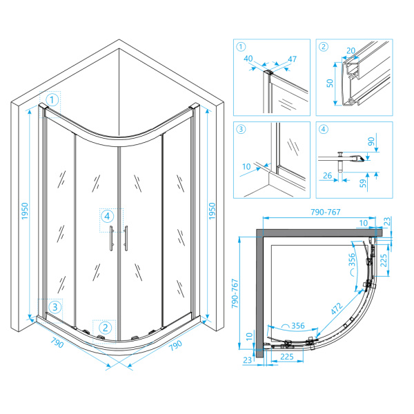 Душевой уголок RGW Hotel 80х80х195 см, без поддона, четверть круга, угловой, стекло прозрачное, (без сифона) без крыши, раздвижной, стеклянный, пластиковый, алюминиевый профиль (хром)