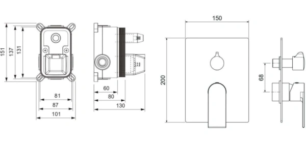 Смеситель для ванны/душа Aquatek Лира настенный, однорычажный, встраиваемый, 2 режима, без излива, латунь, цвет хром