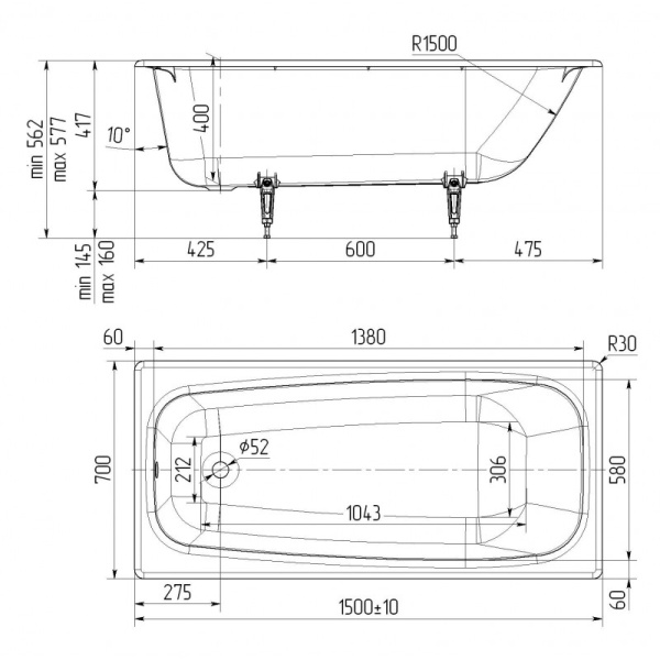 Ванна Новокузнецк Классик 150х70 чугунная, с ножками, цвет- белая, без антискольжения, российского производства, новокузнецкого завода, в квартиру, дом, дачу