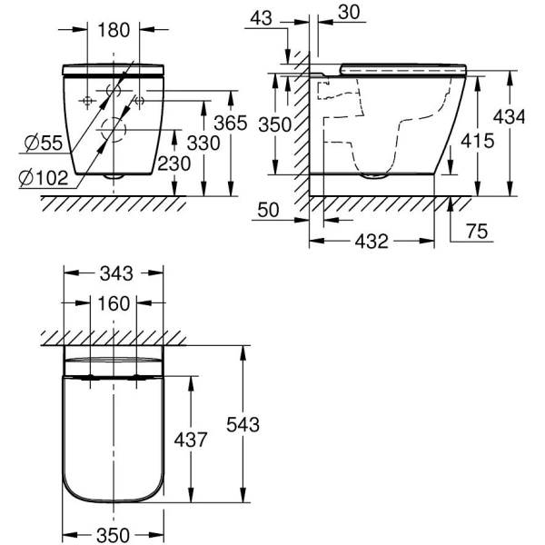 Унитаз подвесной Grohe BauEdge безободковый, белый, 343х434х543 мм с быстросъемным сиденьем c плавным закрытием дюропласт, горизонтальный (прямой, в стену) выпуск 106740SH00