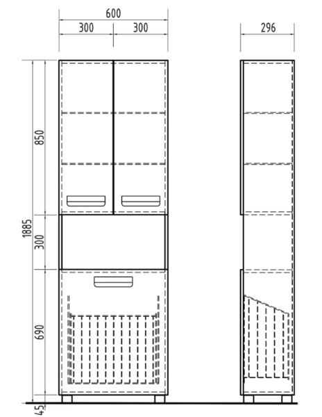 Пенал Vigo Plaza 600, 60х29,6х188,5 см, напольный, (правый/левый/универсальный), 2 распашные дверцы/открытая полка/бельевая корзина, цвет белый