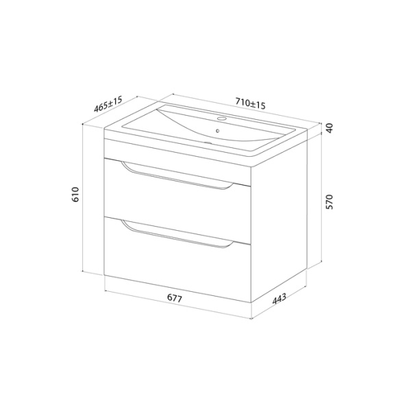 Тумба c раковиной IDDIS Ray, 710х465х610 мм, подвесная, 2 выдвижных ящика, МДФ/санфарфор, раковина накладная, прямоугольная, цвет белый глянцевый, отверстие под смеситель RAY70W0i95K