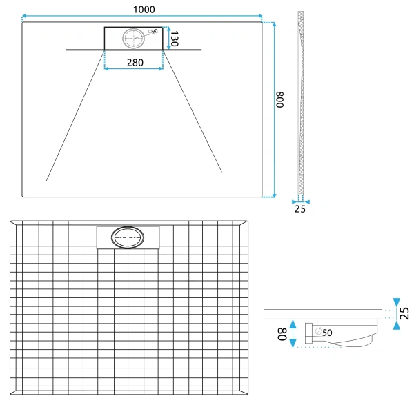 Душевой поддон Rea Bazalt Long 100х80 см, прямоугольный, искусственный камень, низкий, цвет: белый матовый, антискользящее покрытие, без бортика