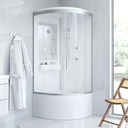 Душевая кабина 90х90х223 см Am.Pm Like Deep поддон высокий, полукруглая, угловая, стекло прозрачное, с гидромассажем, с сиденьем