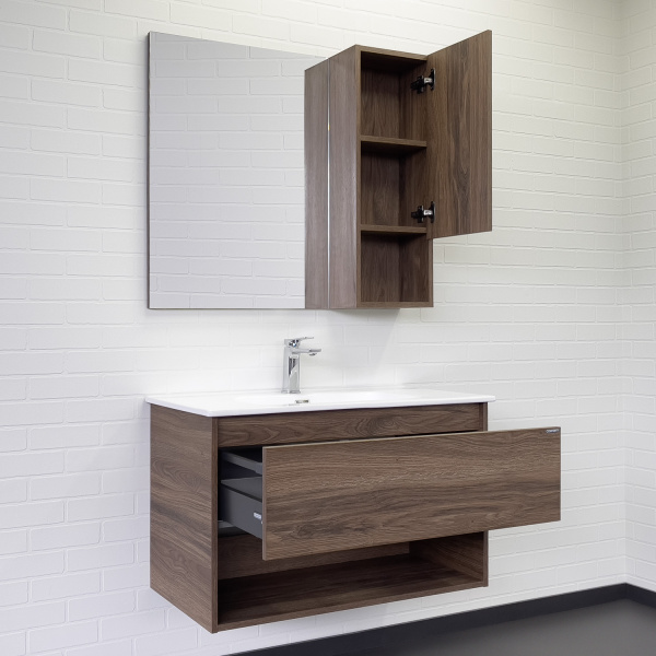 Тумба с раковиной Comforty Бордо 90, 90х55х47 см, подвесная, 1 выдвижной ящик/открытая полка, ЛДСП/МДФ, прямоугольная, цвет- дуб темно-коричневый/раковина 9090M, прямоугольная, цвет белый, встраиваемая