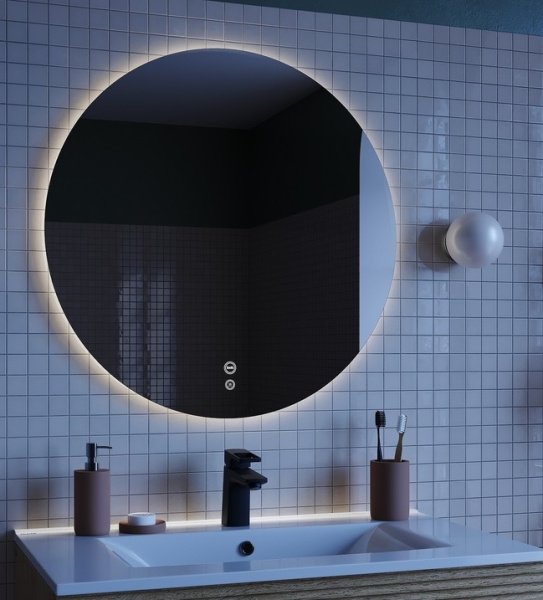 Зеркало IDDIS Bild, 80х80х3 см с LED/ЛЕД-подсветкой, с антизапотеванием, выключатель сенсорный, для ванны, навесное/подвесное/настенное, круглое