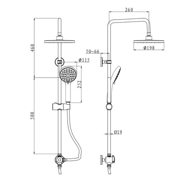 Душевой гарнитур Olives KDC06 высота 960 мм цвет хром, комплект: тропический душ (с верхней лейкой)/стойка/лейка/шланг, наружного монтажа, настенный