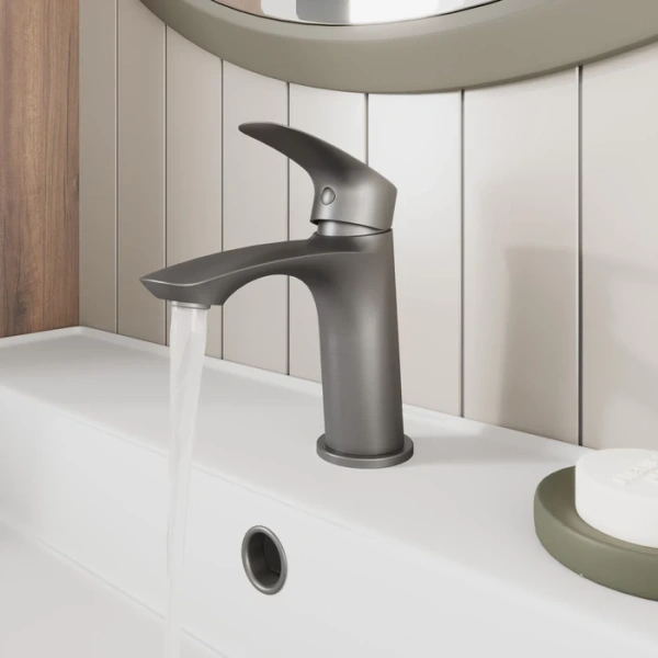 Смеситель для раковины Milardo Rora однорычажный, излив короткий, длина 117 мм, керамический, латунь, цвет графит, без донного клапана RORGM00M01