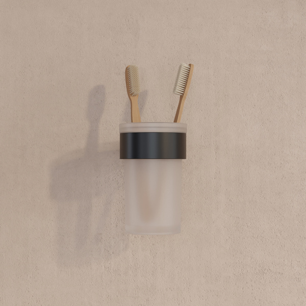 Стакан с держателем IDDIS Petite настенный, нержавеющая сталь/стекло, округлый, для душа/ванны/зубных щеток, в ванную комнату, цвет черный матовый PETBLSGi45