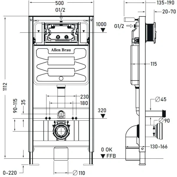 Инсталляция Allen Brau Pneumatic для унитаза, без кнопки, со скрытым смывным бачком (бак), размеры рамы 500х190х1112 мм 