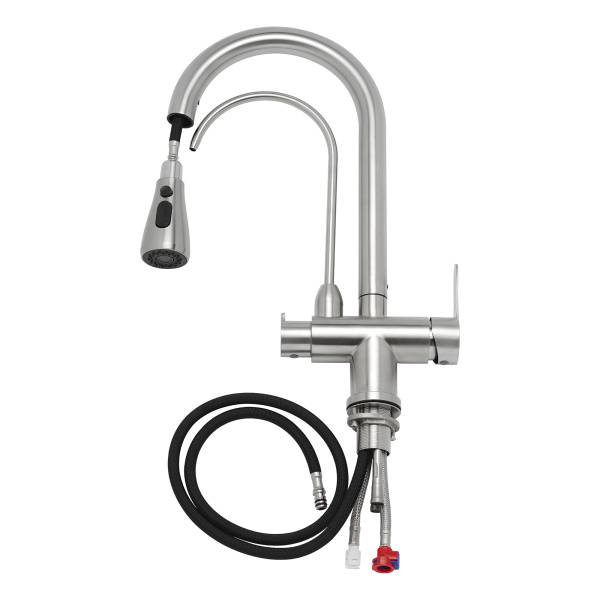 Смеситель для кухни/мойки AQUEDUC с переключателем фильтра для питьевой воды, однорычажный, поворотный/выдвижной, керамический, высота излива 230 мм нержавеющая сталь, цвет сталь 345330