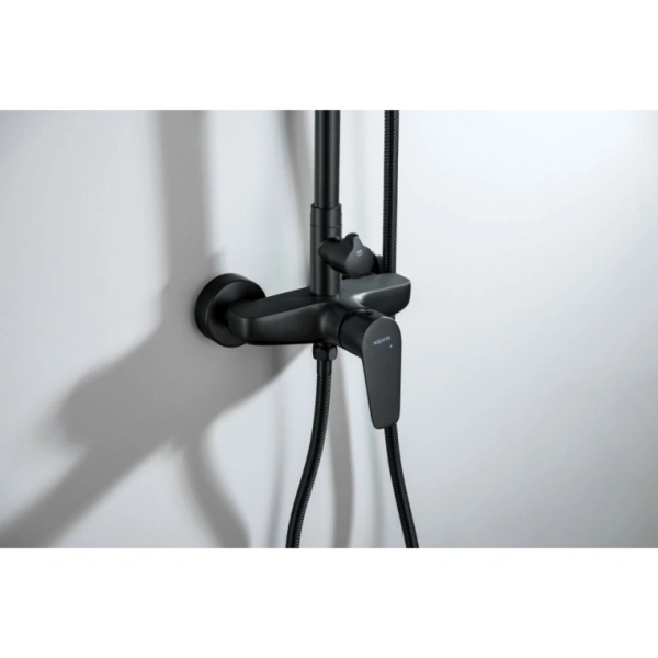 Душевая система Aquatek Бетта 835-1365 мм, цвет матовый черный, комплект: смеситель/тропический душ (с верхней лейкой)/лейка/стойка/шланг, нержавеющая сталь/пластик