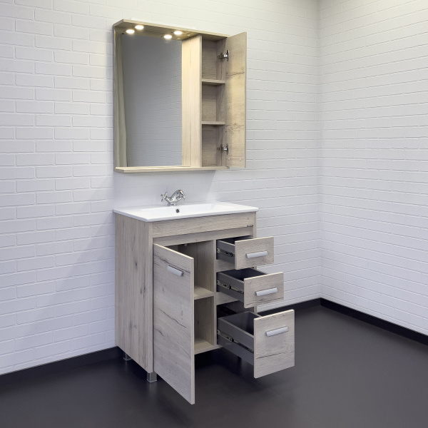 Тумба с раковиной Comforty Марио 75, 75х85,5х46,5 см, напольная, 1 распашная дверца/3 выдвижных ящика, ЛДСП, прямоугольная, цвет- дуб дымчатый/раковина Quadro 75, прямоугольная, цвет белый, встраиваемая