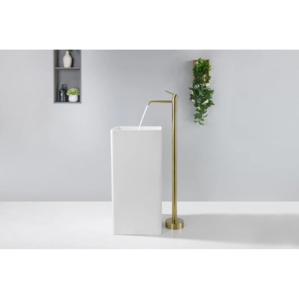 Смеситель для раковины/умывальника Aquatek Европа напольный, однорычажный, неповоротный/фиксированный, излив длина 220 мм высота 1052 мм латунь, цвет шлифованное золото