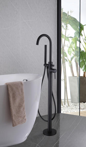 Смеситель для ванны/душа ABBER Wasser Kreis напольный, однорычажный, неповоротный, длина излива 200 мм, латунь, цвет черный матовый