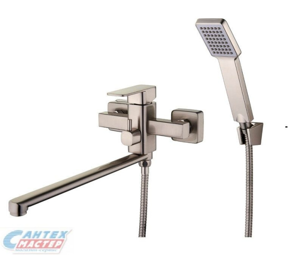 Смеситель для ванны/душа G-lauf однорычажный, керамический, настенный, излив поворотный 321 мм, с гибким шлангом, душем/лейкой, латунь, цвет хром, длинный, универсальный, горизонтальный, рычажный, кран, комплект, сантехника, размер, характеристики