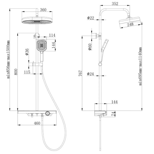 Душевая система Esko ST350Black высота 1500 мм цвет черный, комплект: однорычажный смеситель/тропический душ (с верхней лейкой)/лейка/стойка/шланг/полка, нержавеющая сталь/пластик