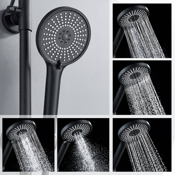 Душевая система Splenka S05.24.06 высота 640-1210 мм цвет черный, комплект: однорычажный смеситель/излив/тропический душ круглый (с верхней лейкой)/лейка/стойка/шланг, латунь